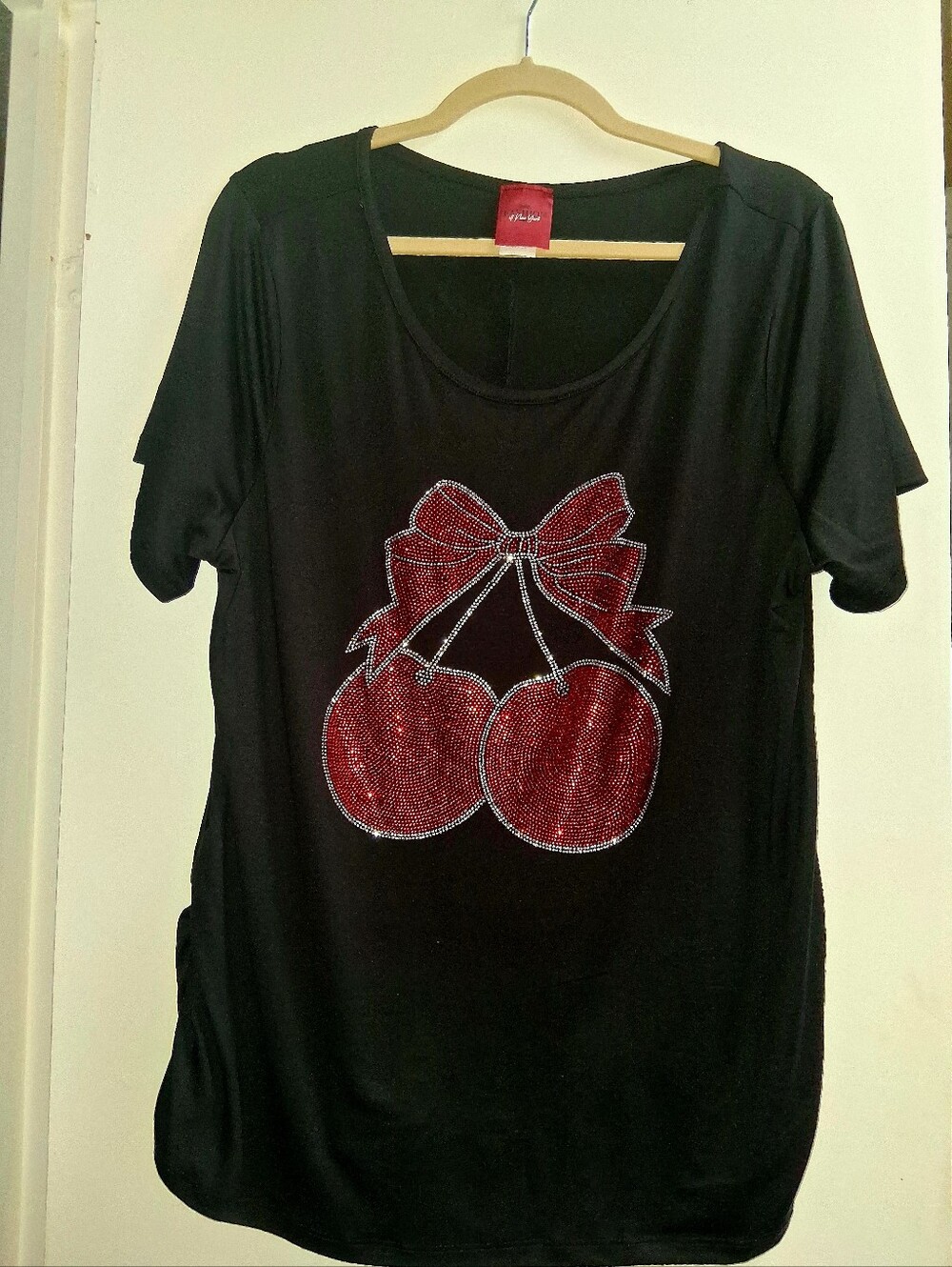 Black Women's Short Sleeve Top with Red Cherry Crystal Design